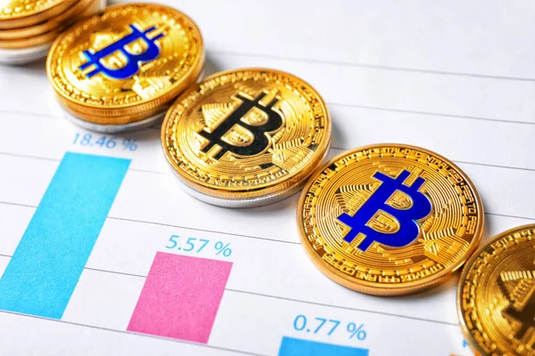 Arany Bitcoins Diagram Finanszírozása Kereskedelmi — Stock Fotó