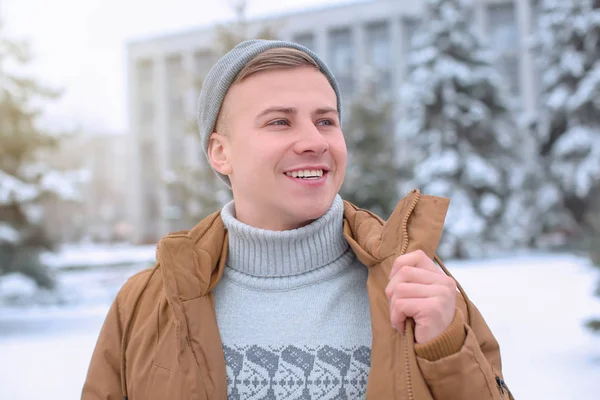 Portrait Happy Young Man Snowy Park Winter Vacation — Stock Photo, Image