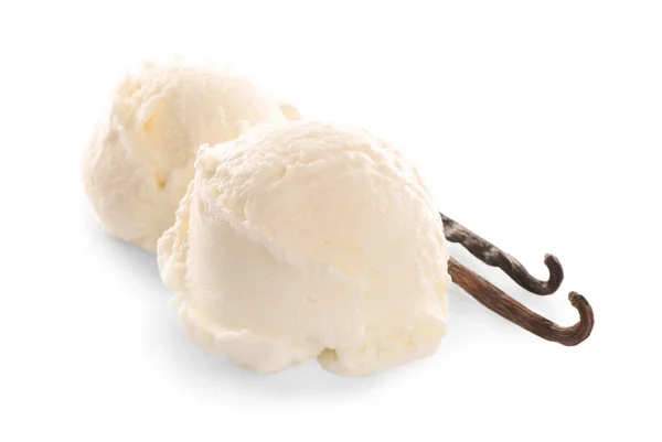 Bolas de delicioso helado de vainilla sobre fondo blanco — Foto de Stock