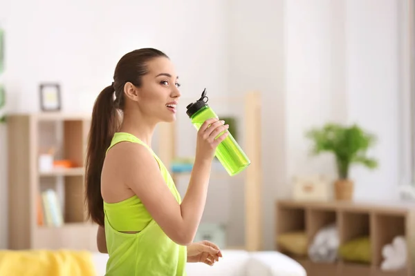 Beautiful Young Woman Drinking Water Doing Fitness Exercises Home — Stock Photo, Image