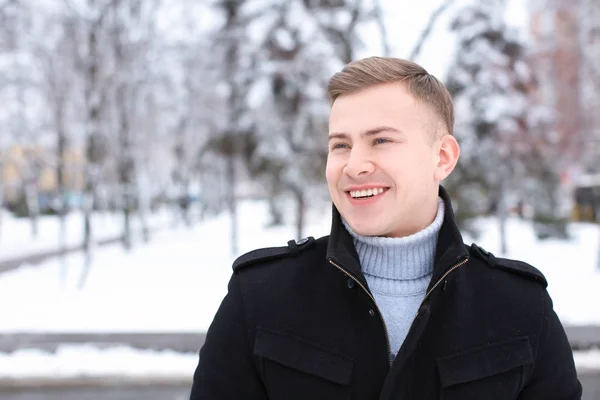 Portrait Happy Young Man Snowy Park Winter Vacation — Stock Photo, Image