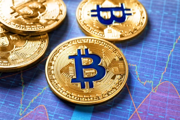 Goldene Bitcoins auf dem Chart, Finanzhandel — Stockbild Goldene Bitcoins Auf Dem Chart Finanzhandel — Stockfoto
