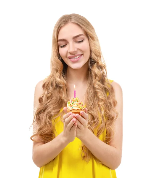 Felice Giovane Donna Con Compleanno Cupcake Sfondo Bianco — Foto Stock