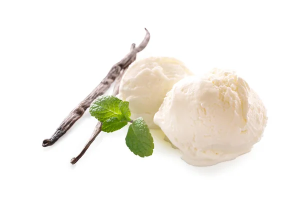 Bolas de delicioso sorvete de baunilha no fundo branco — Fotografia de Stock