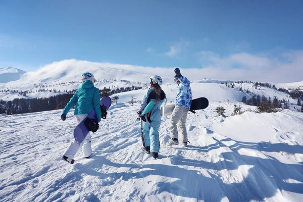 Grupp Snowboardåkare Skidor Pisten Snöiga Resort — Stockfoto