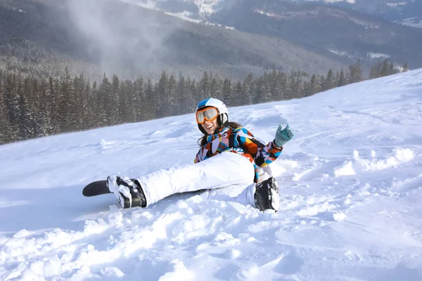 Female Snowboarder Having Fun Ski Piste Snowy Resort Winter Vacation Royalty Free Stock Images