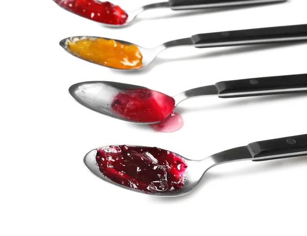 Spoons Different Sweet Jams White Background Stock Picture