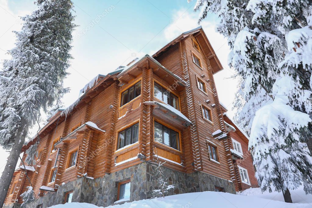 Cozy hotel in coniferous forest on snowy day, winter vacation