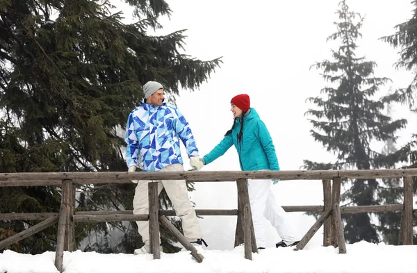 Piękna Para Stojąca Most Śnieżnym Lesie Ferie Zimowe — Zdjęcie stockowe