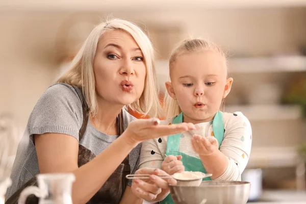 Little Girl Her Grandmother Having Fun Flour Together Kitchen — Stock Photo, Image