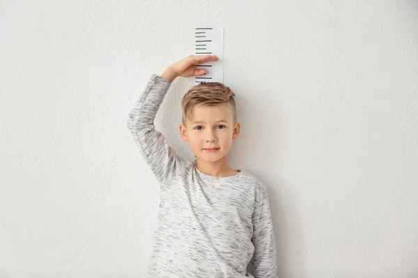 Little Boy Measuring Height Light Wall — Stock Photo, Image