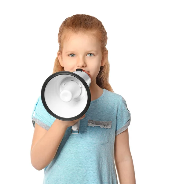 Cute little girl with megaphone on white background — Stock Photo, Image