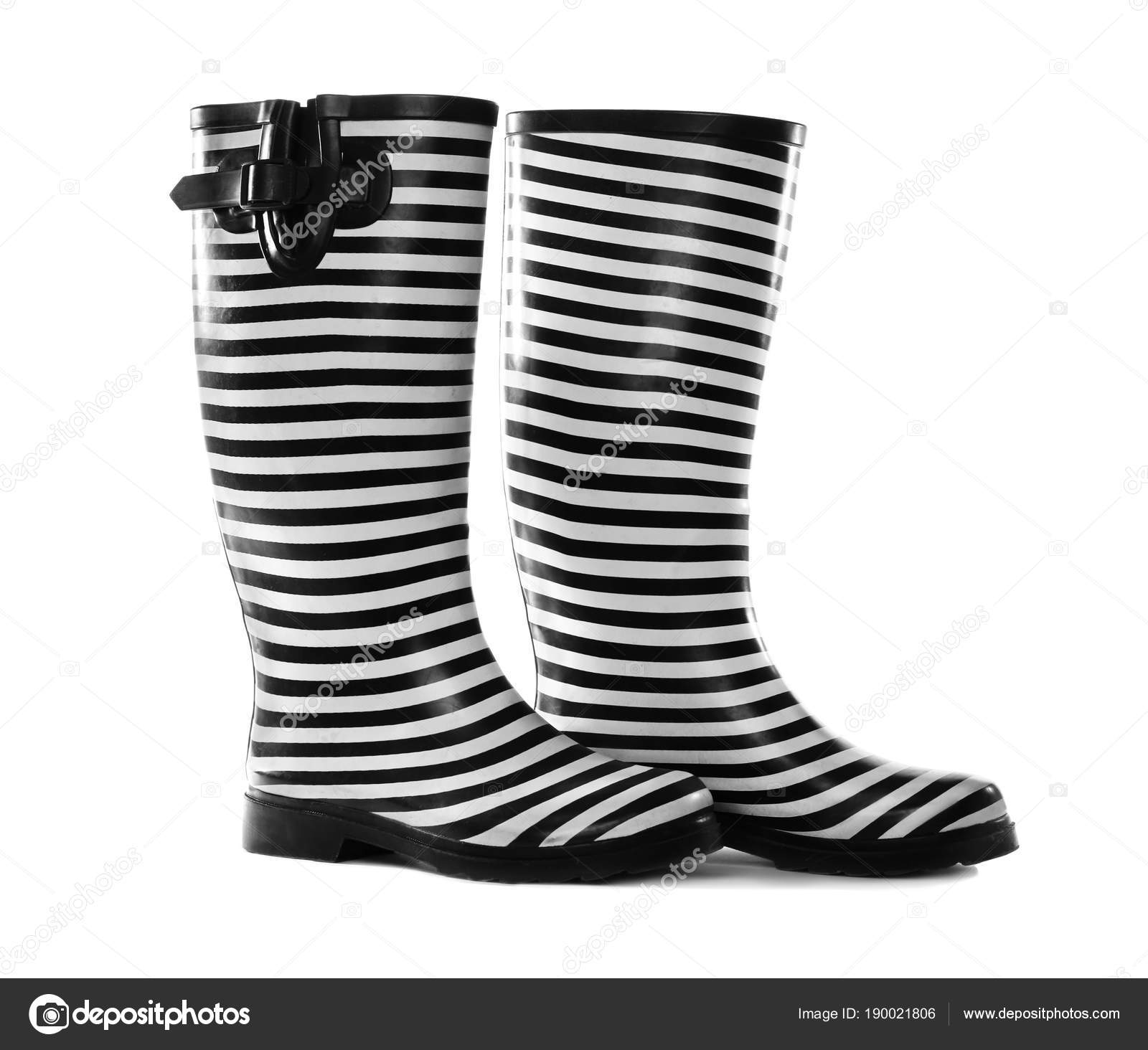 black and white striped rain boots