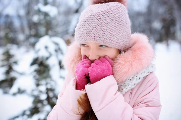 Schattig meisje in besneeuwde park op wintervakantie — Stockfoto