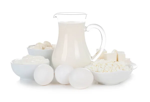 Fresh Dairy Products Eggs White Background — Stock Photo, Image