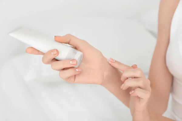 Young Woman Applying Hand Cream Home Closeup — Stock Photo, Image