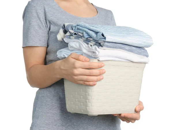 Woman Holding Laundry Basket Clothes White Background — Stock Photo, Image