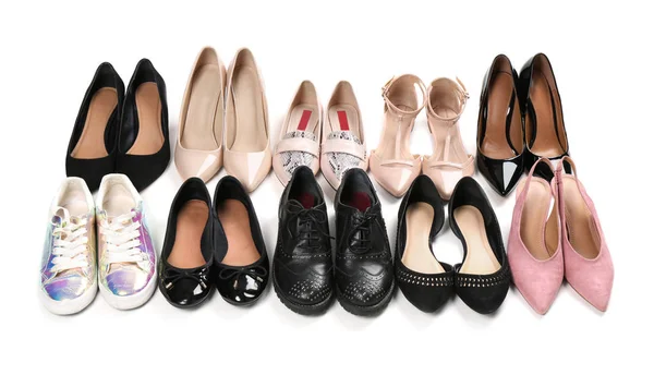 Verschiedene Weibliche Stilvolle Schuhe Auf Weißem Hintergrund — Stockfoto