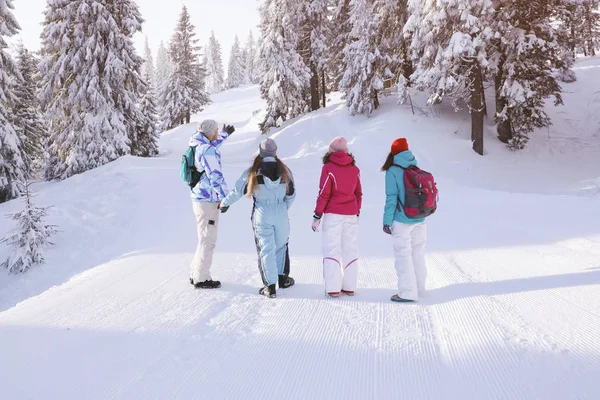 Vänner Njuter Snöiga Naturens Skönhet Vintersemester — Stockfoto