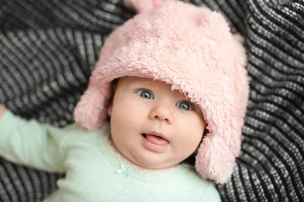 Little Baby Cute Hat Lying Plaid Top View — Stock Photo, Image