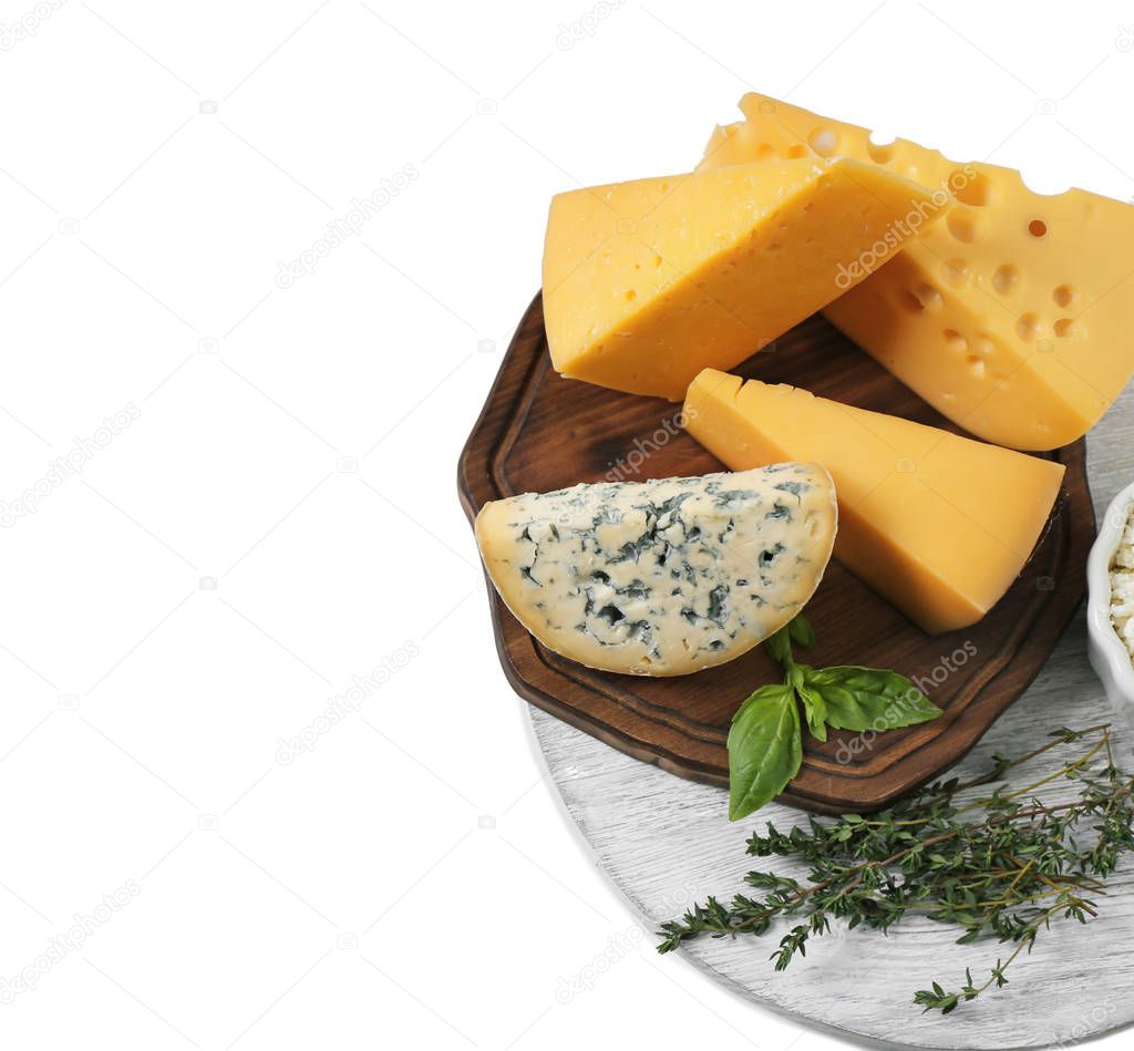 Different cheeses on white background. Fresh dairy products