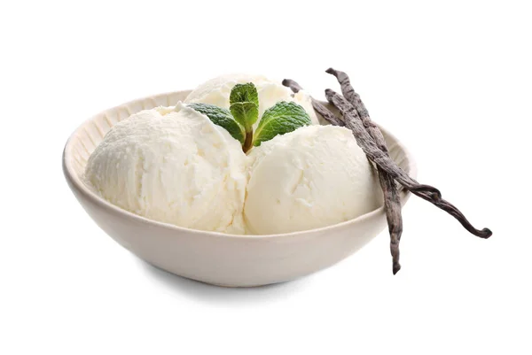 Delicioso Helado Vainilla Tazón Aislado Sobre Blanco — Foto de Stock