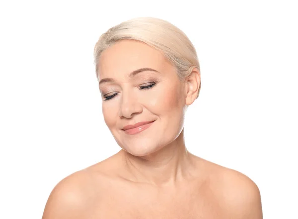 Portret Van Mooie Rijpe Vrouw Witte Achtergrond Huid Zorg Concept — Stockfoto