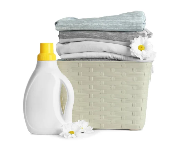 Basket Clothes Laundry Detergent White Background — Stock Photo, Image