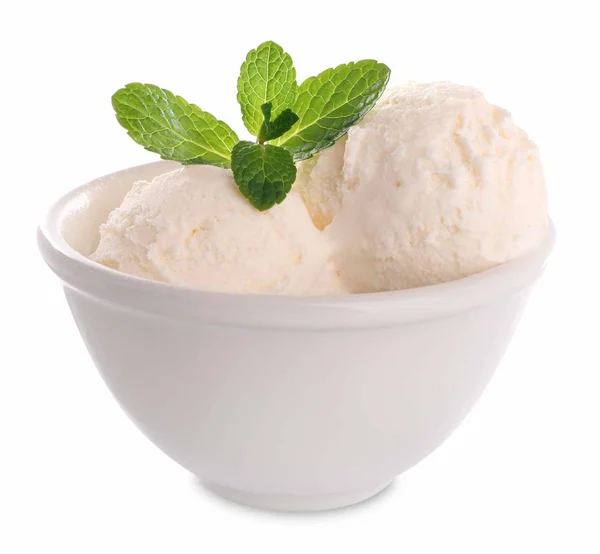 Bowl Delicious Vanilla Ice Cream White Background — Stock Photo, Image