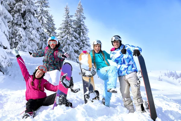 Φίλοι Στο Χιονισμένο Χιονοδρομικό Θέρετρο Χειμερινές Διακοπές — Φωτογραφία Αρχείου