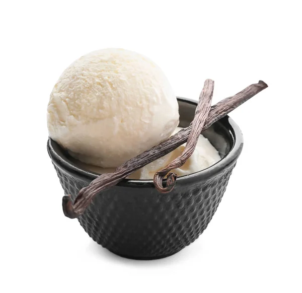 Cuenco Con Delicioso Helado Vainilla Sobre Fondo Blanco — Foto de Stock