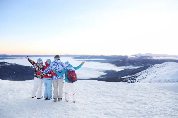 Grupp Vänner Njuta Skönheten Snöiga Skidorten Vintersemester — Stockfoto