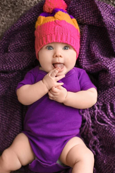 Little Baby Cute Hat Lying Plaid Top View — Stock Photo, Image