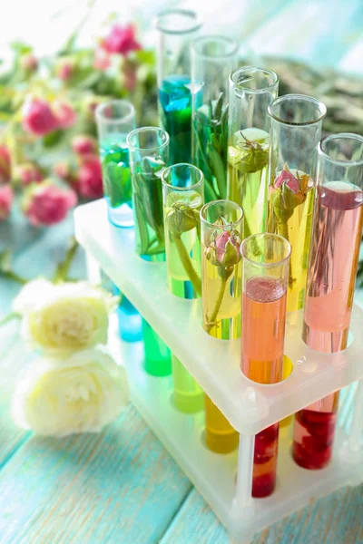 Glass Tubes Different Perfume Oils Table — Stock Photo, Image