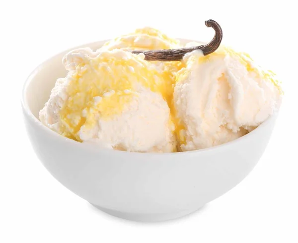 Миска Смачним Ванільним Морозивом Білому Тлі — стокове фото