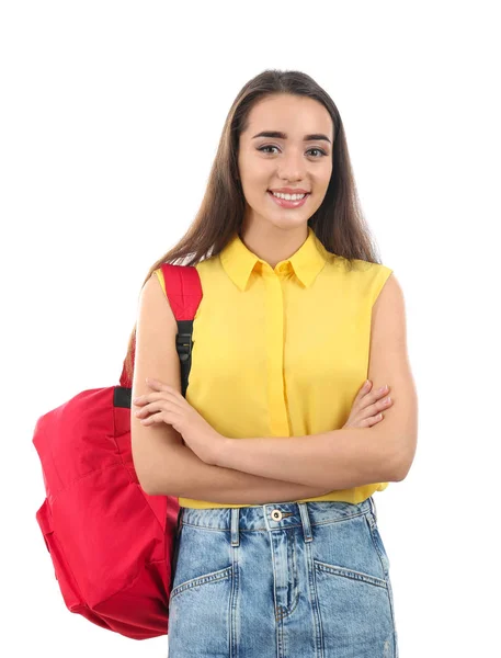 Student with backpack on white — Stock Photo, Image