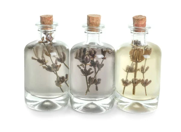 Bottles of perfume oil with lavender — Stock Photo, Image