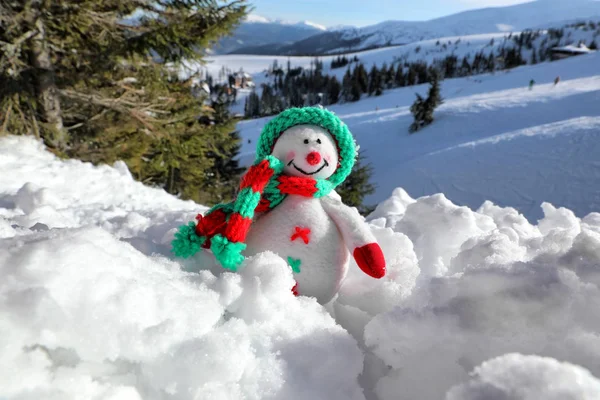 Zabawka Bałwana Mountain Resort Słoneczny Mroźny Dzień Ferie Zimowe — Zdjęcie stockowe