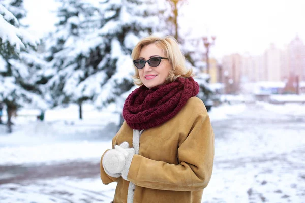 Mature femme dans snowy park — Photo