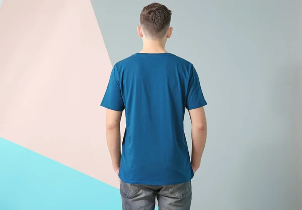 Mladý Muž Stylové Tričko Barvu Pozadí Maketa Pro Design — Stock fotografie