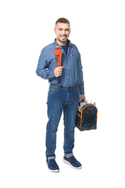 Fontanero Con Bolsa Herramientas Llave Tubo Sobre Fondo Blanco —  Fotos de Stock