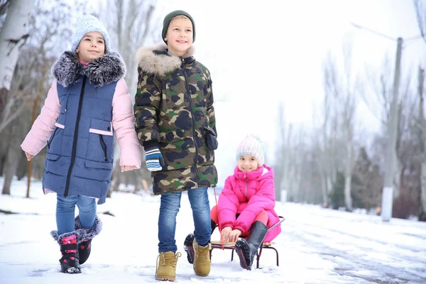 Słodkie Dzieci Park Śnieżny Sankach Ferie Zimowe — Zdjęcie stockowe