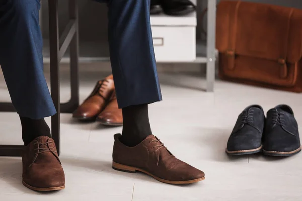 Man Wearing New Shoes Indoors Closeup — Stock Photo, Image