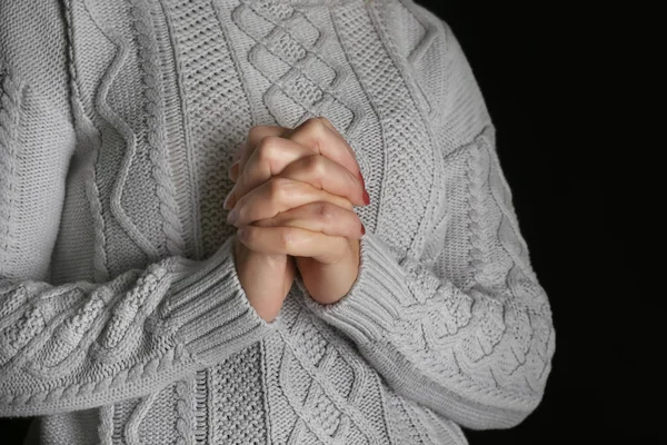 Religious Mature Woman Praying Black Background Closeup — Stock Photo, Image