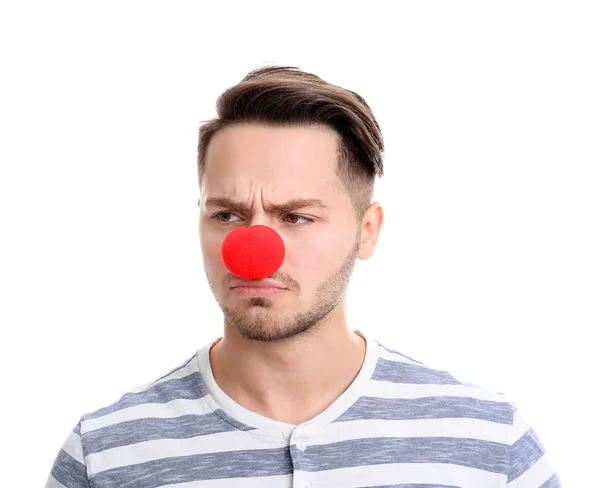 Jovem Com Nariz Palhaço Vermelho Fundo Branco Dia Tolo Abril — Fotografia de Stock