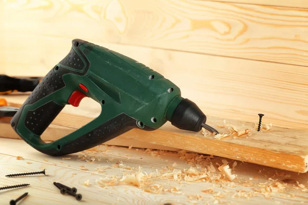 Electric Screwdriver Carpenter Wooden Table — Stock Photo, Image