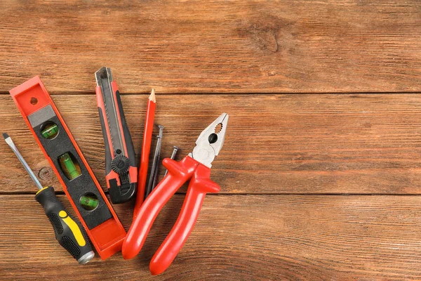 Juego Herramientas Sobre Fondo Madera — Foto de Stock