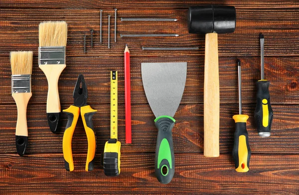Set Tools Wooden Background — Stock Photo, Image