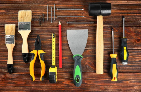 Juego Herramientas Sobre Fondo Madera — Foto de Stock