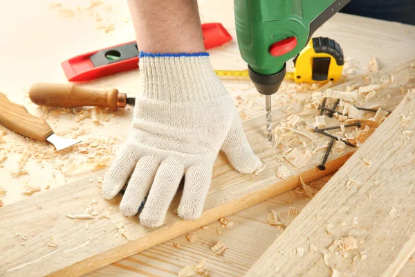 Carpenter Drilling Hole Wooden Board Workplace — Stock Photo, Image